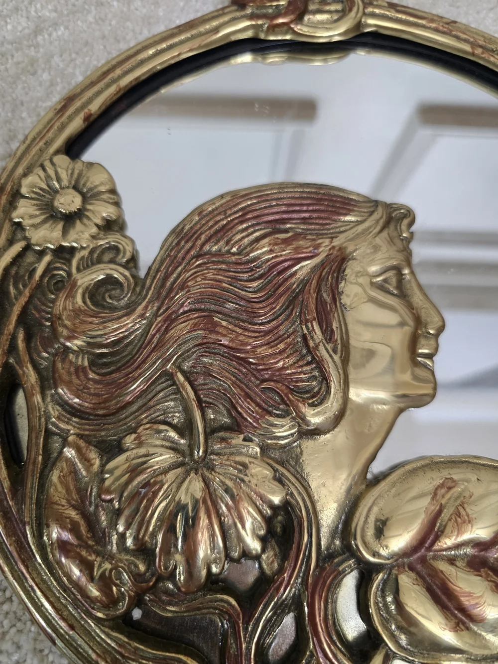 Art Nouveau Gold Decorative Round Wall Mirror with Floral Woman Motif